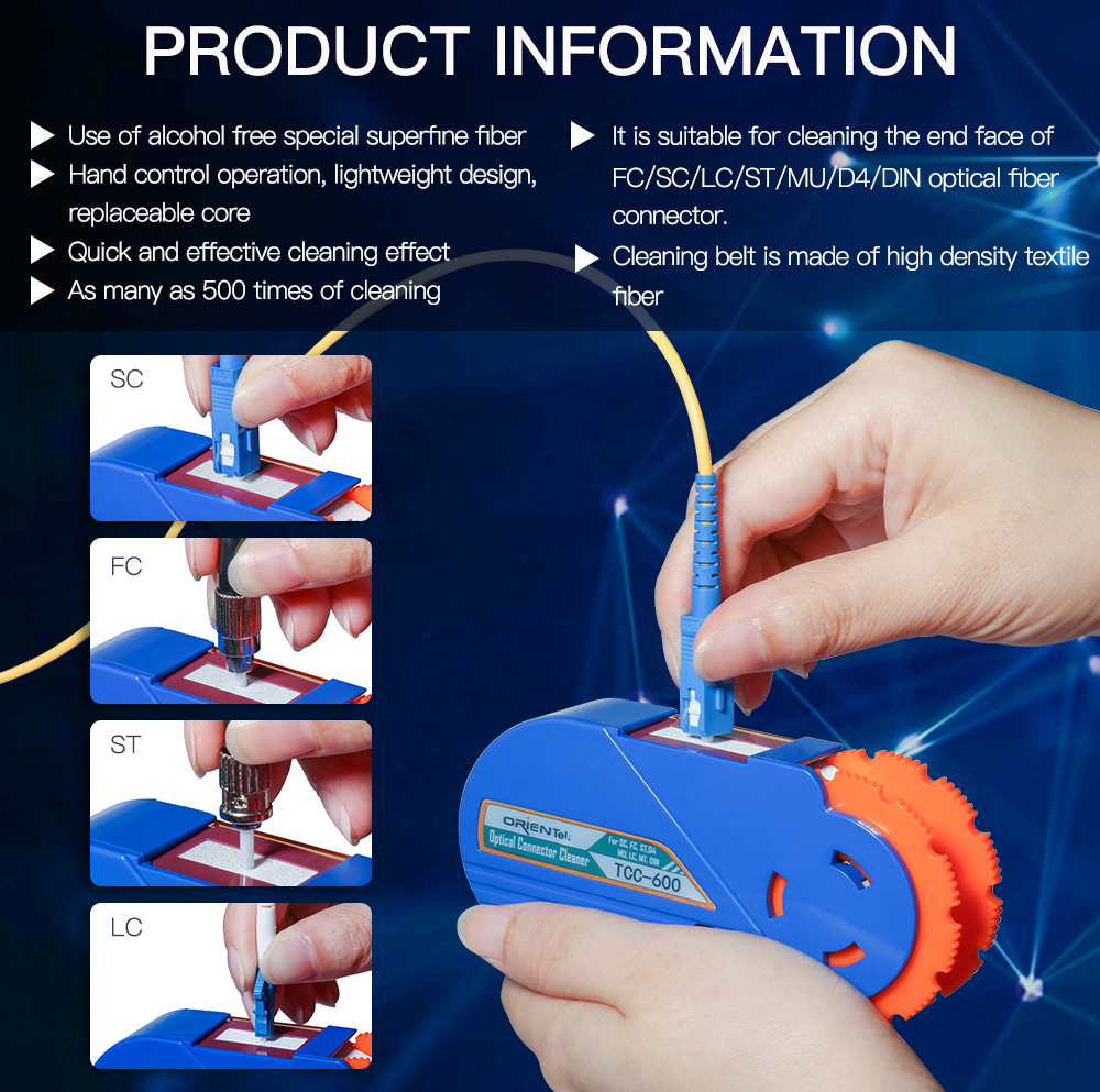 ORIENTEK TCC-600 Fiber Optic Connector Cleaner Optical Cassette Clean Tool