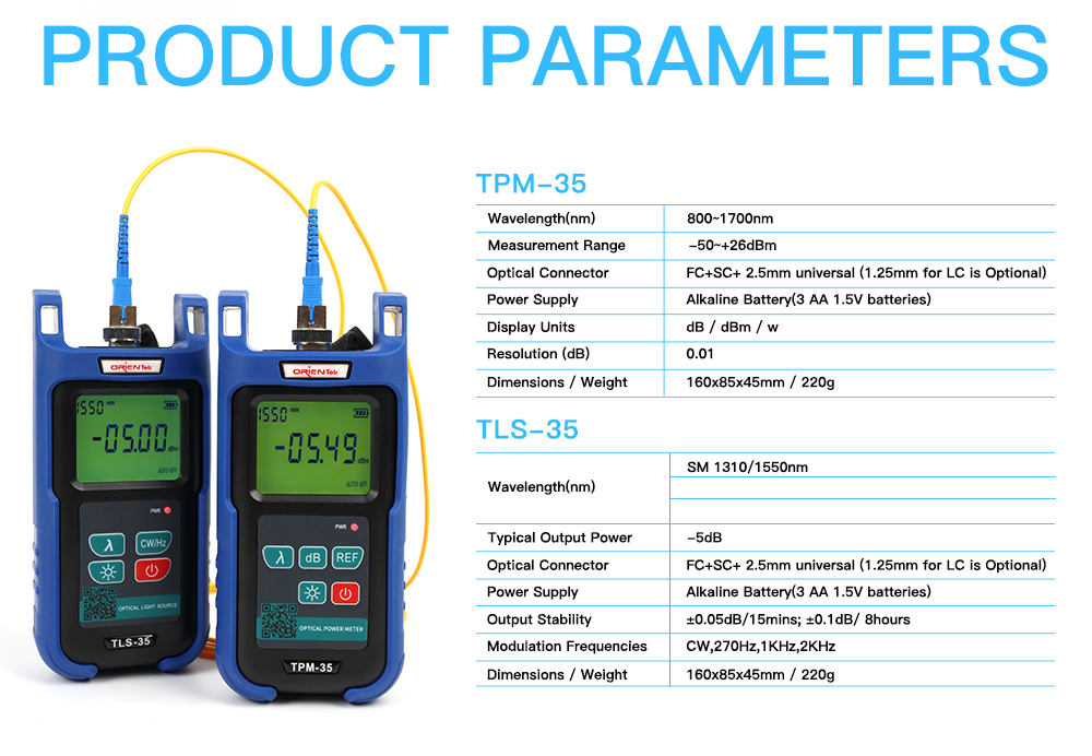 Parameters of TPM-35 Optical Power Meter & TLS-35 Optical Light Sourse