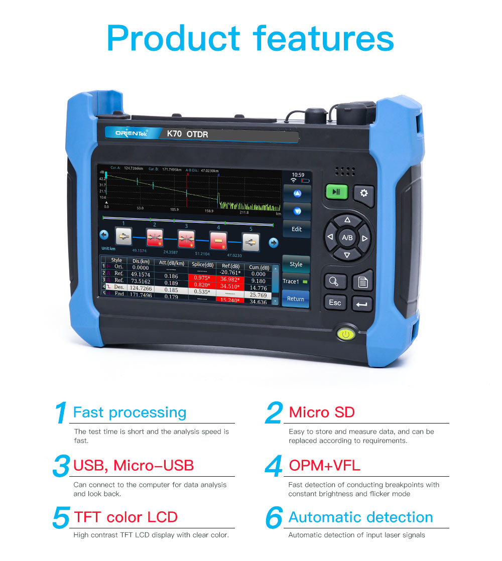 Orientek K70 OTDR SM и MM 850/1300/1310/1550 нм + оптический источник света + 10 мВт VFL Подробнее